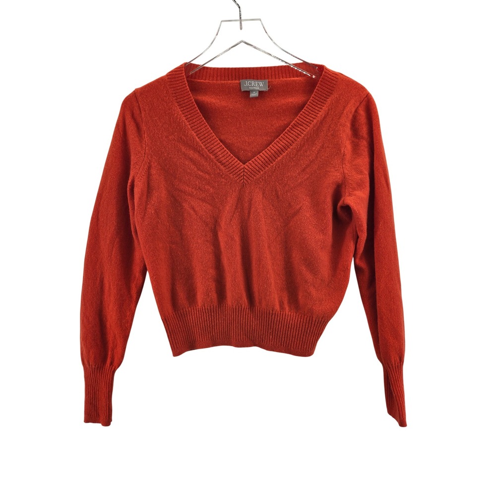 J.Crew Womens Cashmere Cropped V-Neck Sweater Bright Orange Size M Long‎ Sleeve